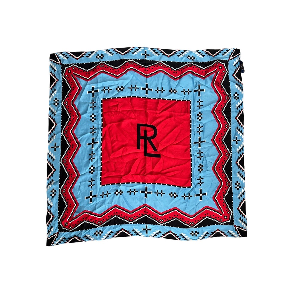 Polo Ralph Lauren Silk Scarf Southwestern Geometric Monogram Blue Red 32x32